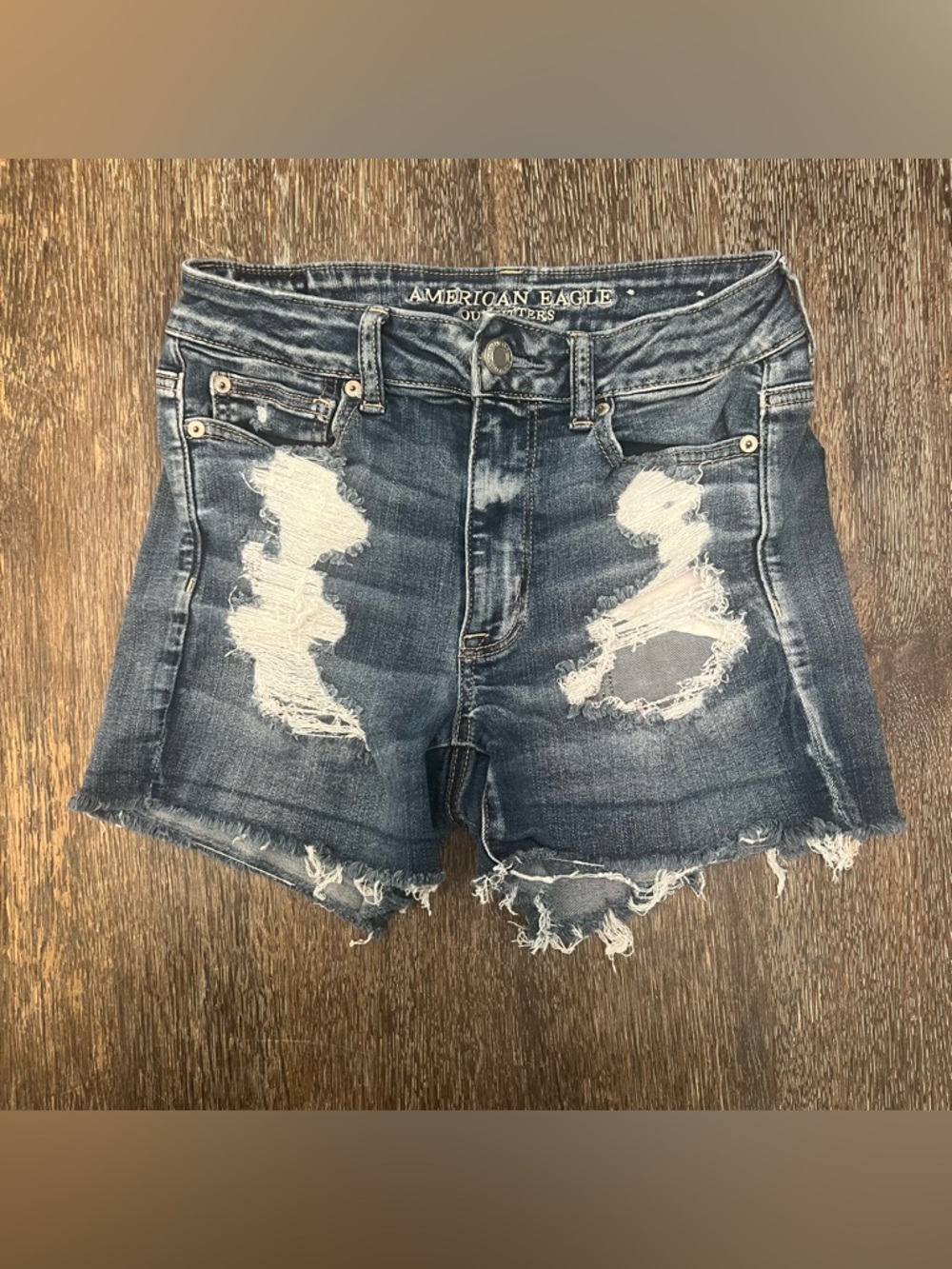 American Eagle Hi-Rise Shortie Distressed Medium Wash Denim Blue Jean Shorts
